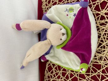 Mini Doudou Acidule plat Lapin Etoiles violet blanc fushia Col vert Baby Nat'