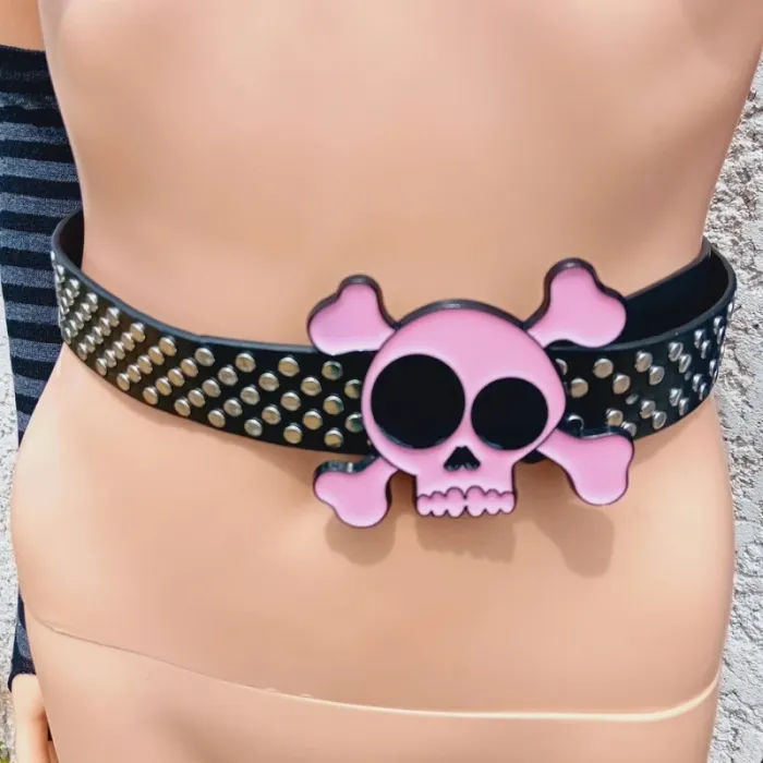Ceinture Rock Glam – Boucle Crâne Rose & Clous Argentés - photo numéro 3