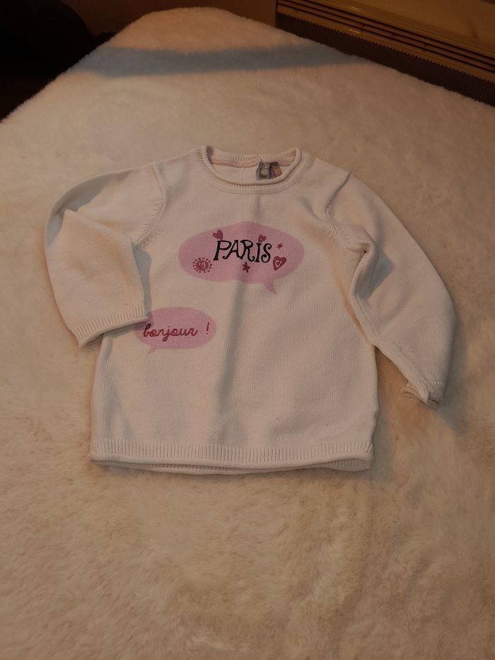 ​Pull Bébé Fille Orchestra 71 cm (6-9 Mois) - Motif Paris - Blanc/Rose - Boutons Dos