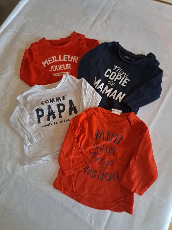 Lot de 4 Tee-shirt manches longues à message Rouge blanc et marine 100%coton 3mois