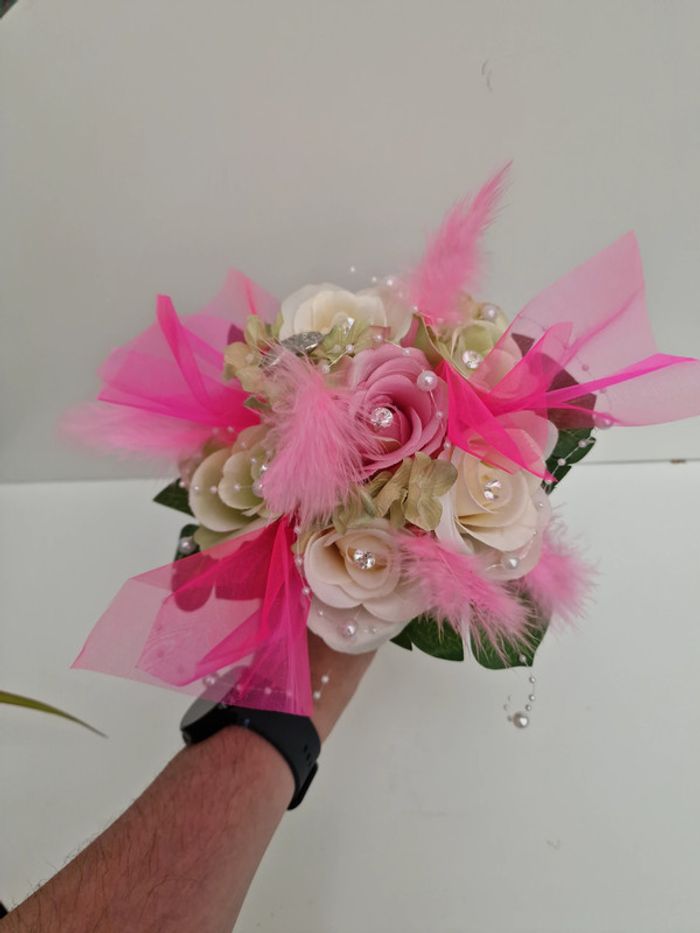 Bouquet De Mariée Roses Tulle Perles Plumes Dentelle - photo numéro 16