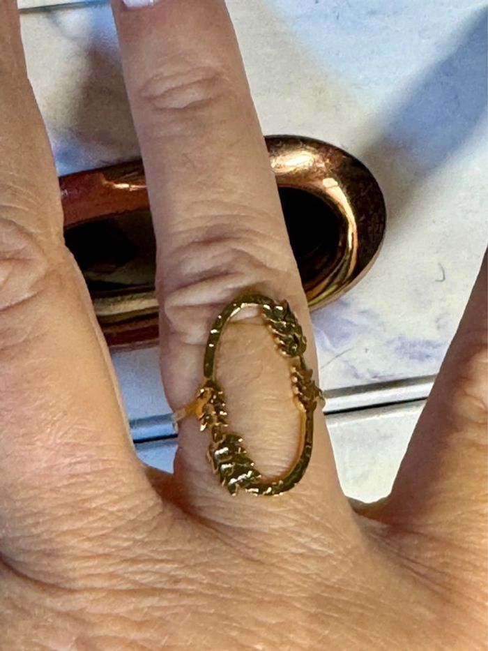 Bague ovale ouverte bordée d’épi de blé laurier réglable acier inoxydable or