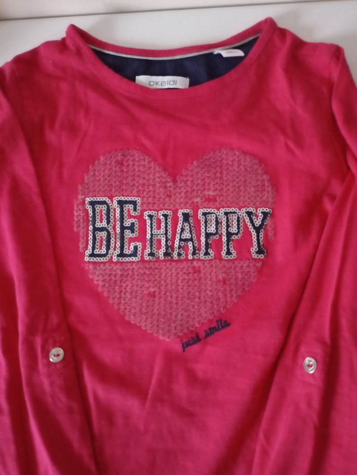 Tee-shirt manches longues..8 ans .Coton framboise ,marine avec sequins .. État neuf. - photo numéro 8