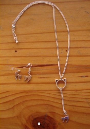 Parure faite main Chat perché neuve collier et boucles d'oreilles
