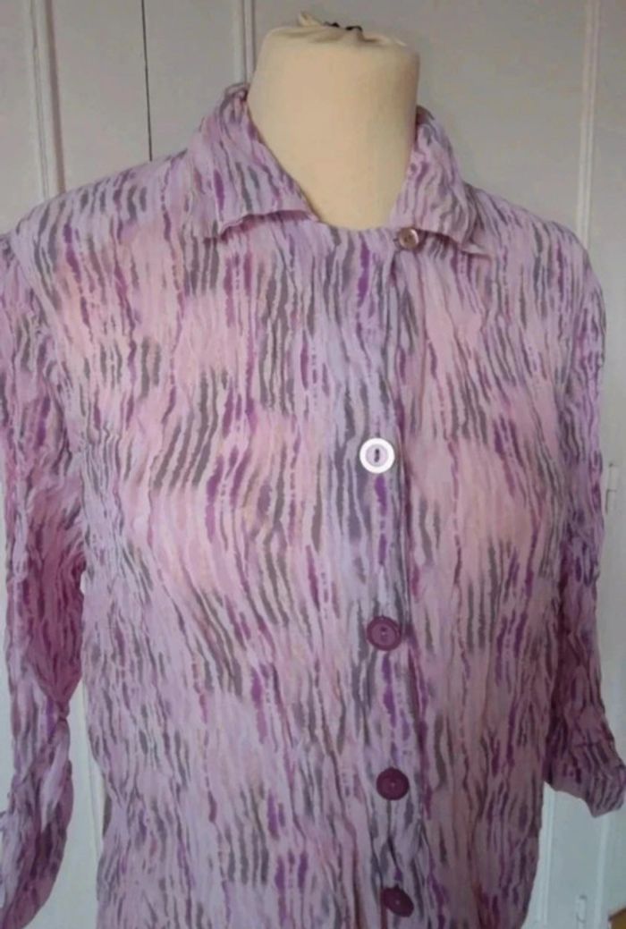 💗Chemise femme vintage 60s voile épaulette femme  rose lila mauve imprimé été t l 40 xl 42 - photo numéro 3