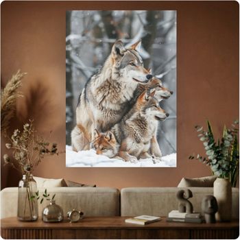 Affiche “Famille de Loups” poster animaux neige nature déco murale sauvage A3 Sans cadre