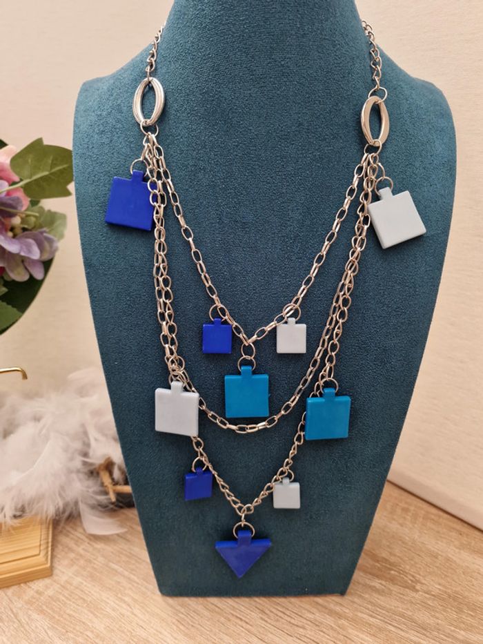 Collier Sautoir Trois Rangs Argenté Bleu Foncé Bleu Clair - photo numéro 2