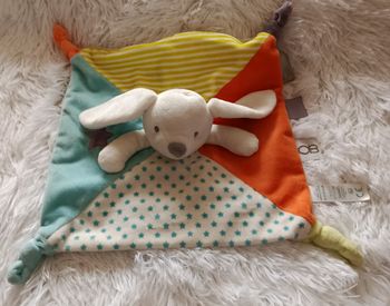 Doudou lapin carré plat - étoiles,rayés,orange et bleu - Obaibi 