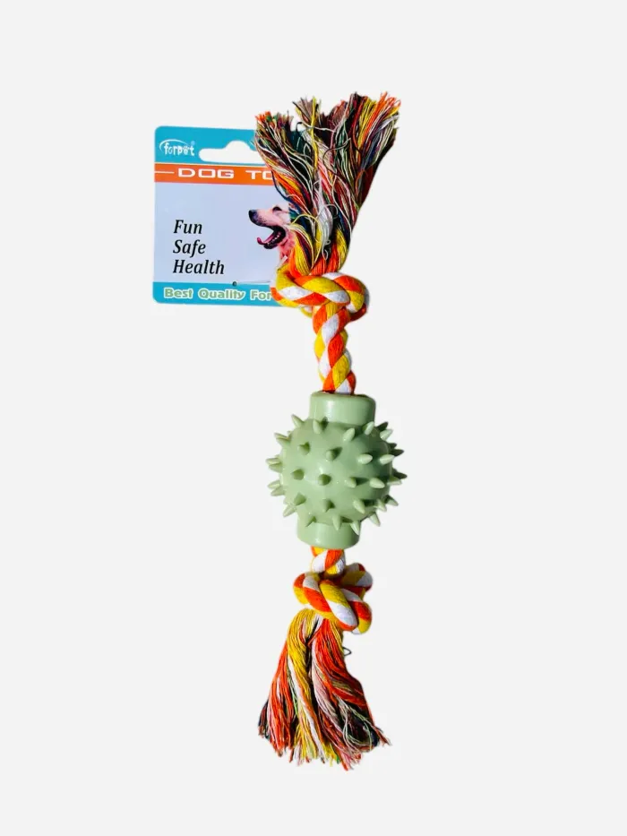 Jouet pour chien FORPET en corde tressée + balle à picots vert 29 cm Neuf