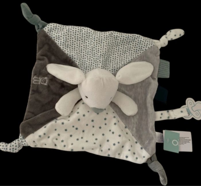 ❤️B5341 Doudou plat Mouchoir lapin OKAIDI OBAIBI gris Vert blanc étoiles - photo numéro 2