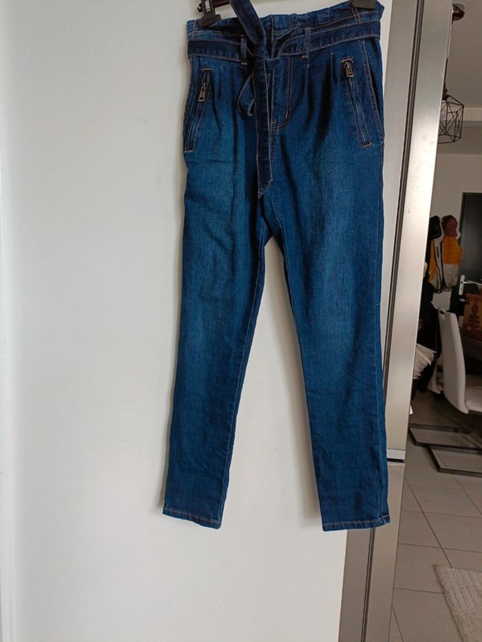 Jean taille haute avec ceinture assorti Denim - Taille S Convient M- Bleu marine - photo numéro 3