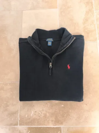 Pull quart zip camionneur Ralph Lauren Noir logo rouge Garçon 15 ans (XL 18/20)