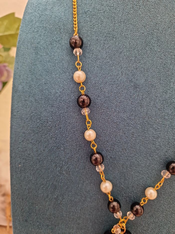 Collier Sautoir Grappe Doré Noir Et Blanc Cristal - photo numéro 4