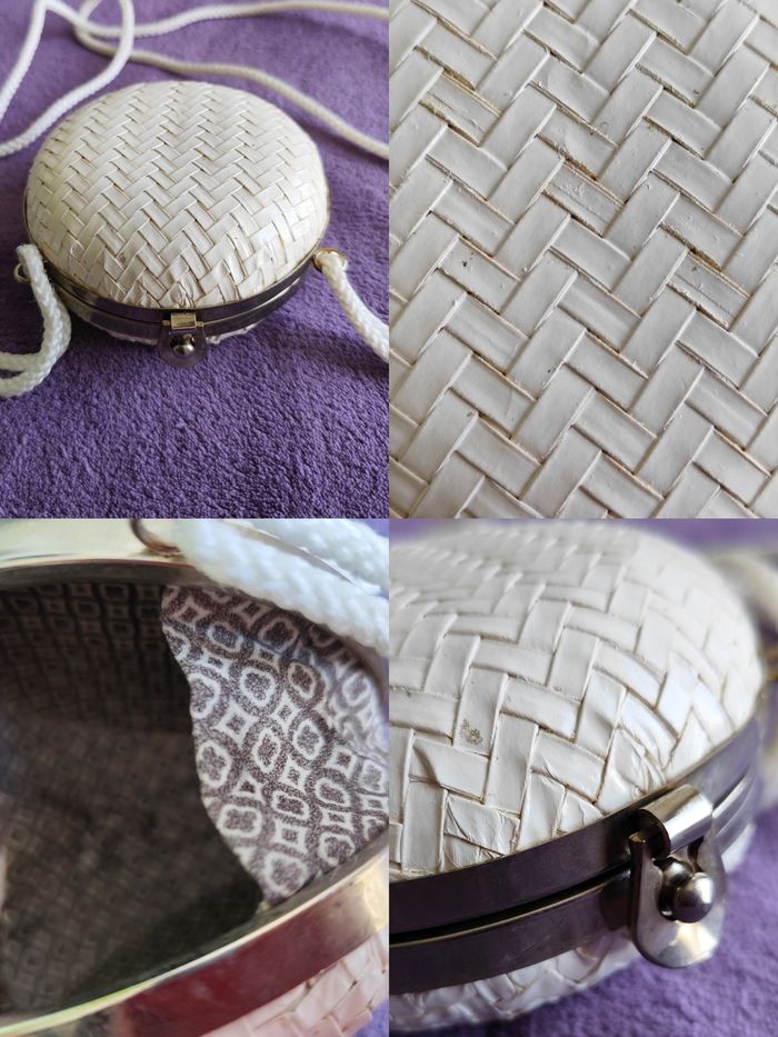 Petit sac enfant ou adulte rond boule blanc besace en paille tressée peinte vintage 70