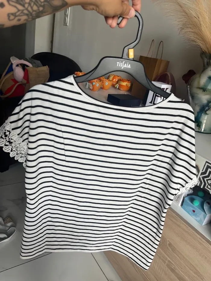T shirt manche courte marinière dentelle - photo numéro 5