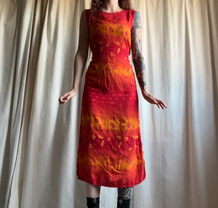 Robe mi longue fleurs effet tie dye y2k vintage annees 2000 - Taille S - photo numéro 3