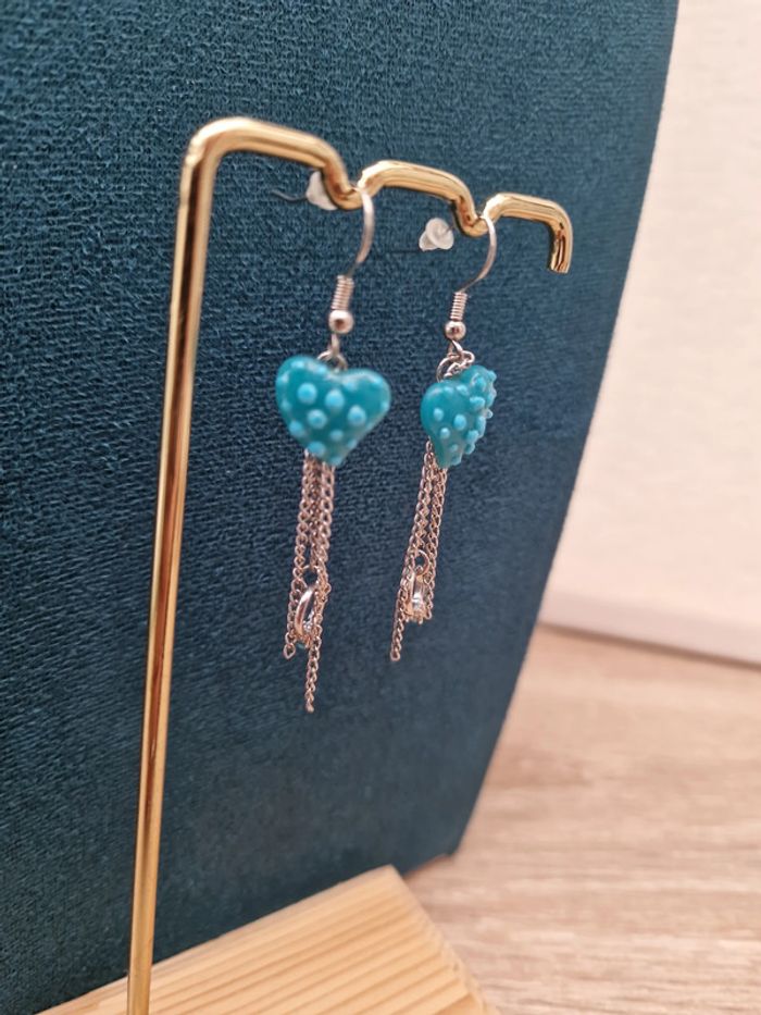 Boucles D'oreilles Argentées Fraise Bleu Bague Argenté Strass - photo numéro 6
