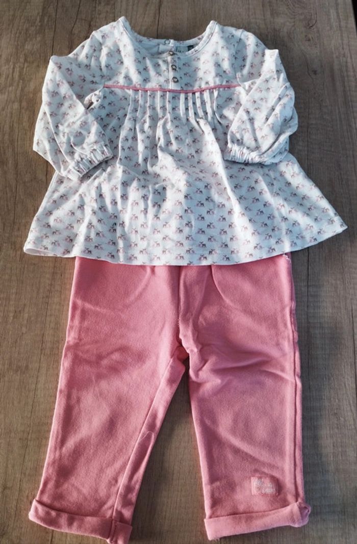Ensemble tunique et pantalon molleton fille corail et crème taille 12 mois Orchestra