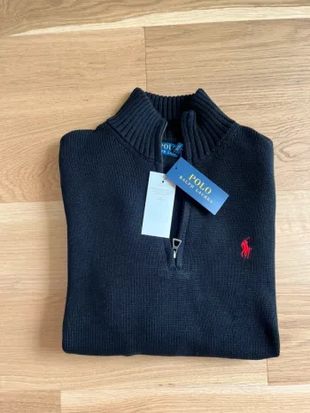 Pull 1/4 Zip Ralph Lauren 100% coton (NEUF) - Noir Logo Brodé Rouge