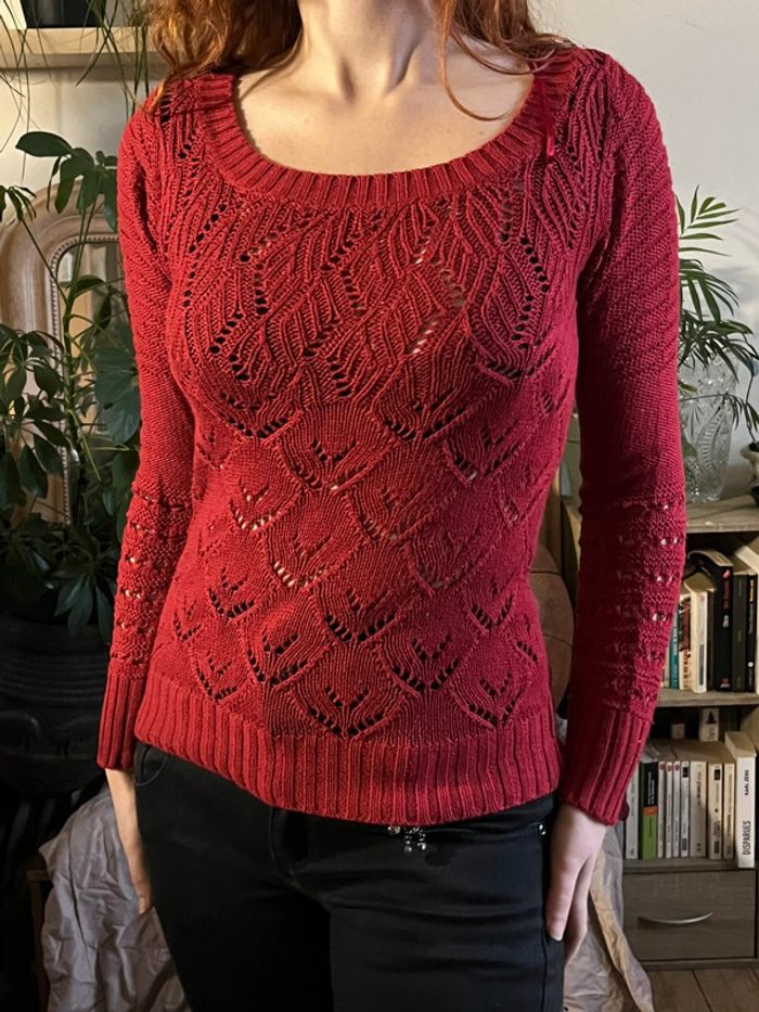 Haut manches longues type dentelle - rouge foncé - photo numéro 9