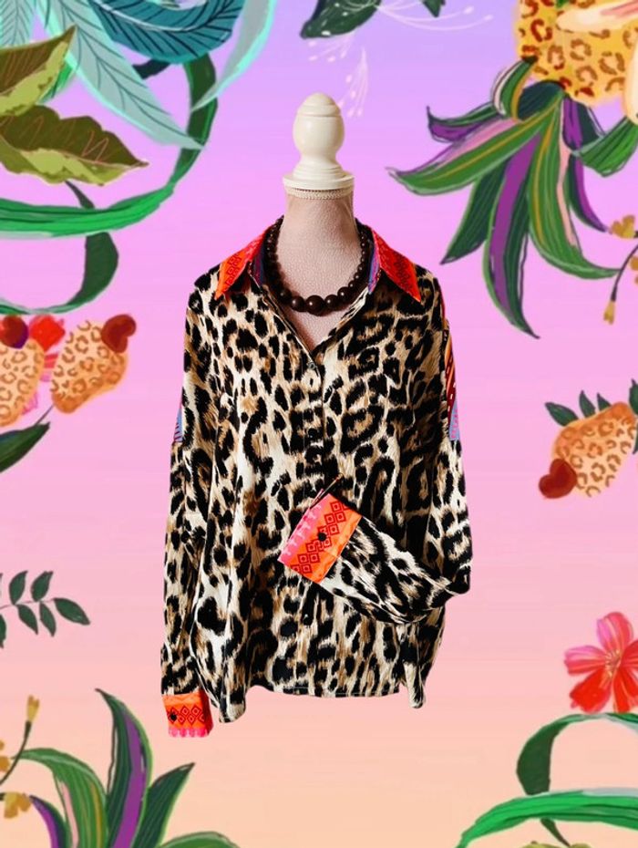 🧡🐆Chemise léopard oversize funky chic ethnic wild tribal multicolored animal shirt🐆🧡 - photo numéro 2