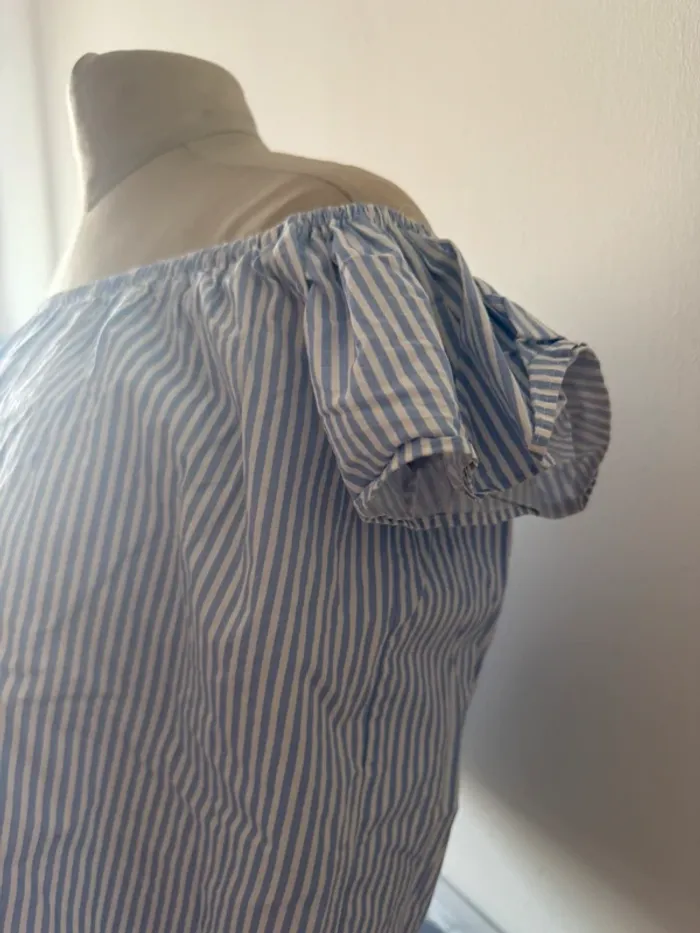Top Bardot court rayé bleu et blanc Zara Basic - Taille XS - photo numéro 2