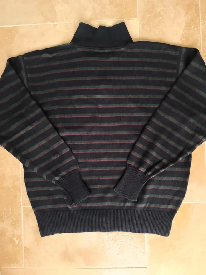 Magnifique pull col  boutonné Ralph Lauren homme L noir rayures vertes rouges logo rouge - photo numéro 12