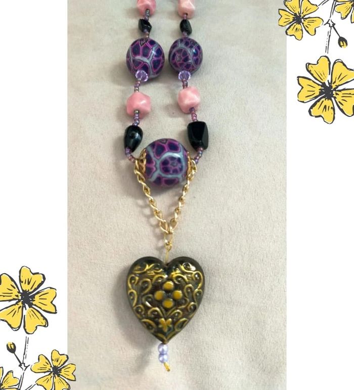 Collier fait main perles polymère & cœur doré – Collection Reflets de Lavande - photo numéro 2