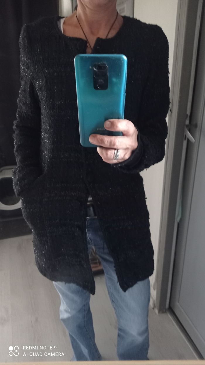 Manteau caban col rond noir et fils argent taille S bon état - photo numéro 3