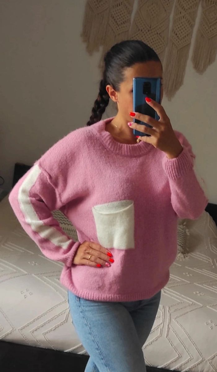 Magnifique pull loose rose bonbon blanc Balance ton pull avec poche taille unique comme neuf