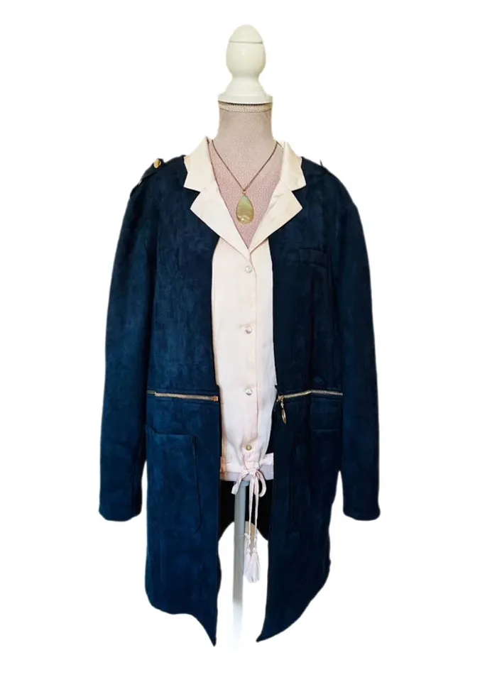 💙Veste vintage bohème 2-en-1 Carnaby mi-longue ou courte Taille 42/XL Versatile navy suede jacket💙 - photo numéro 4
