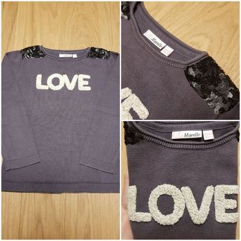 Pull gris neuf sequins aux épaules et love en relief 6 ans Lili Marelle