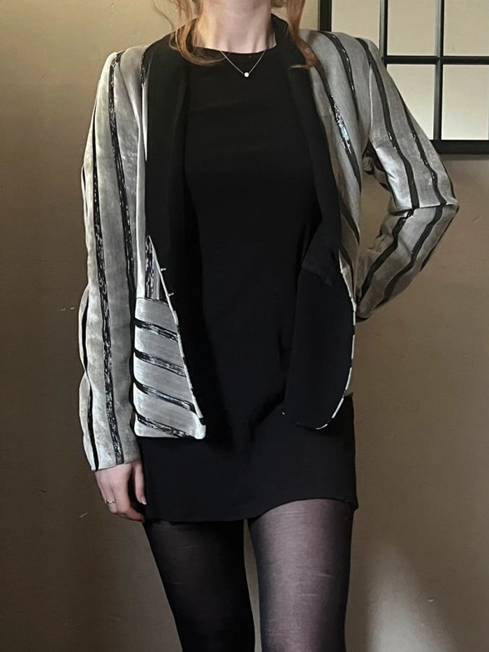Veste blazer rayures noires et argentées en velours - photo numéro 5