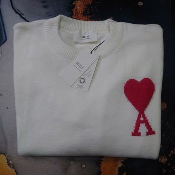 Pull AMI Alexandre Mattiussi Homme Blanc Cœur Rouge Taille L