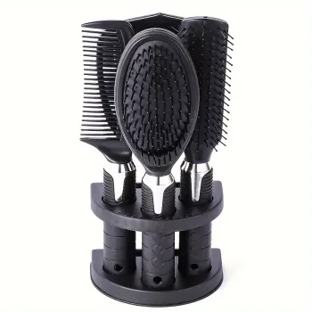 💇‍♂️ Set de Coiffure Professionnel – 4 Brosses + Miroir + Support – Noir | Tous Types de Cheveux