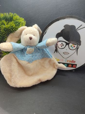 DD2581 Doudou plat lapin blanc creme pull bleu croix pommette Grelot Beige Ours 