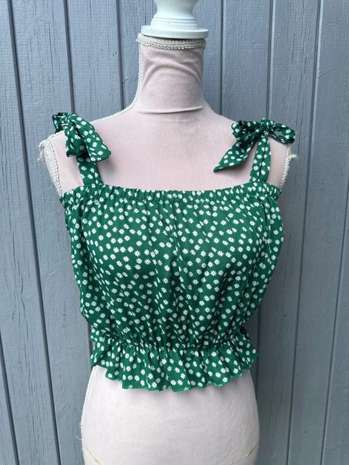 Haut à bretelles à nouer fleuri été SHEIN vert blanc - photo numéro 2
