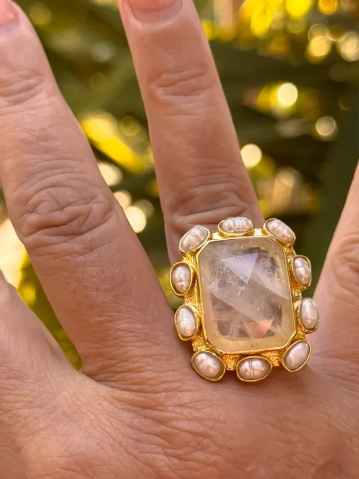Grosse bague habaha Paris cristal de roche pierres eaux douces  acier inoxydable or réglable - photo numéro 7