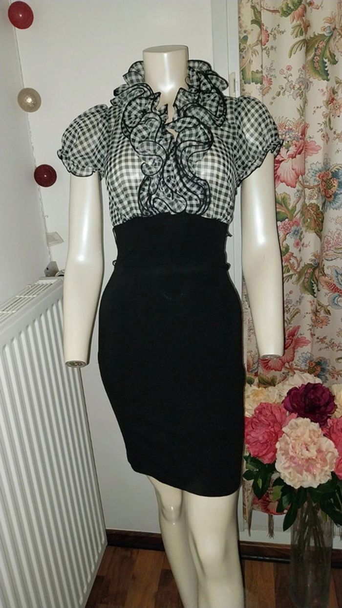 Robe rétro chic bimatiere vichy noir et blanc col jabot by Morgan état neuf taille S - photo numéro 8