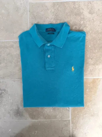 Joli polo Ralph Lauren homme XXL classic fit vert bleu logo jaune une tâche