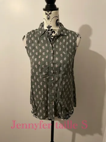 Débardeur chemise sans manche kaki motifs rose et blanc dos ouvert Jennyfer taille S