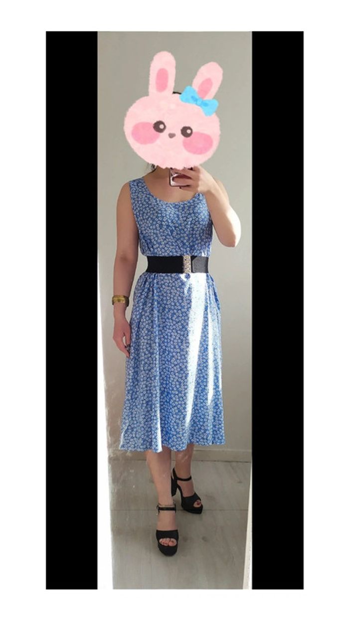 Robe été coton fluide sans manches midi mi-longue imprimé floral petites fleurs style rétro - photo numéro 2