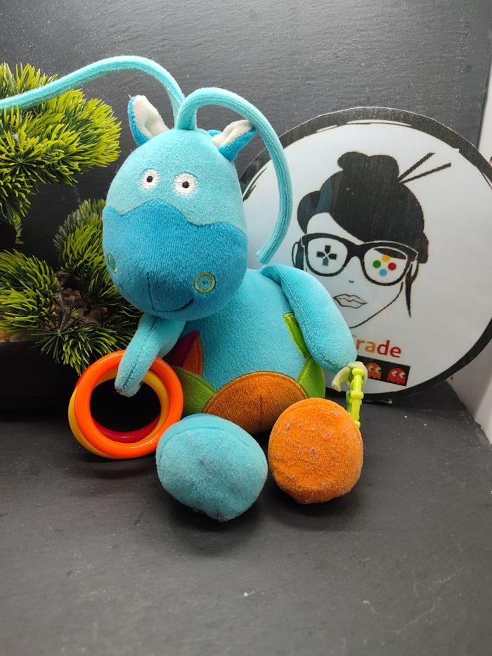 Doudou cheval poney ane bleu hochet bawi anneau dentition cou grelot Peluche