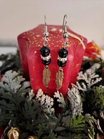 Boucles d'oreilles onyx et feuilles