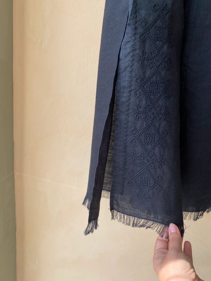 Pantalon fluide en lin noir brodé Motivi vintage - photo numéro 3