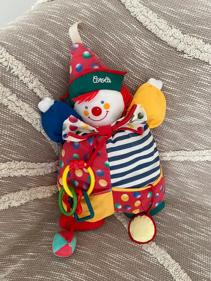 Peluche doudou 43cm corolle poupée clown arlequin rouge jaune très bon état