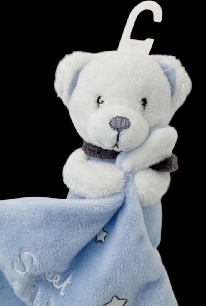 ❤️Peluche Doudou Plat Mouchoir Ours Blanc Bleu Mots D'enfants - photo numéro 2