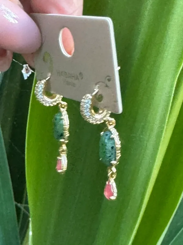 Boucles d’oreilles petites créoles zircons amazonite jade rose acier inoxydable or habaha Paris - photo numéro 6