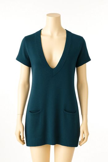 Haut long col V en maille bleu