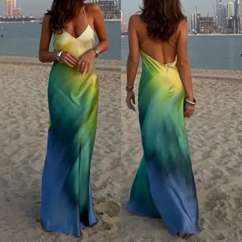 Robe longue dégradé bleu jaune dos nu – Taille S – Neuf